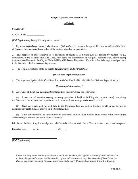 First page of the Affidavit for Combined Lot