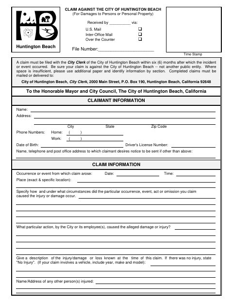 First page of the Claim Against the City for Damages to Persons or Personal Property