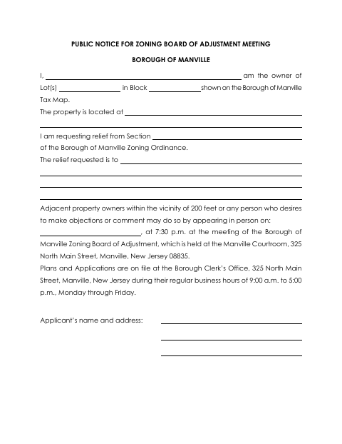 First page of the Public Notice for Zoning Board of Adjustment Meeting