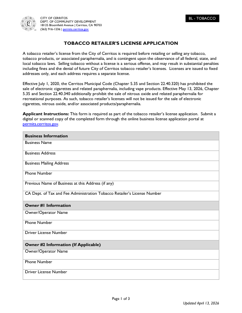 First page of the Tobacco Retailer’s License Application