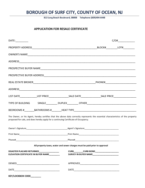 First page of the Resale Certificate Application