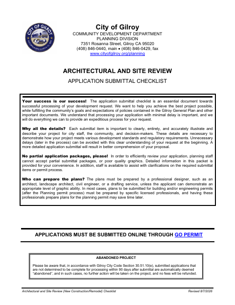 First page of the Architectural and Site Review (New Construction/Remodel) Checklist