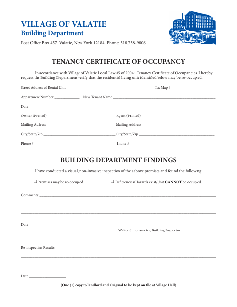 First page of the Tenancy Certificate of Occupancy