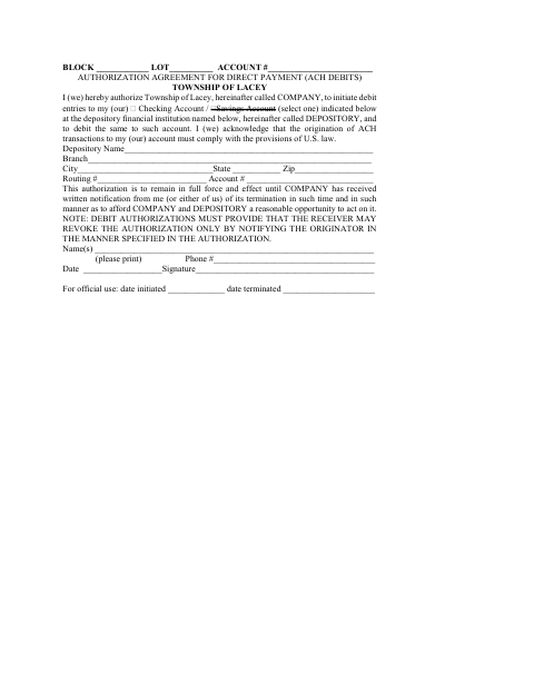 First page of the Authorization Agreement for Direct Payment (ACH Debits)