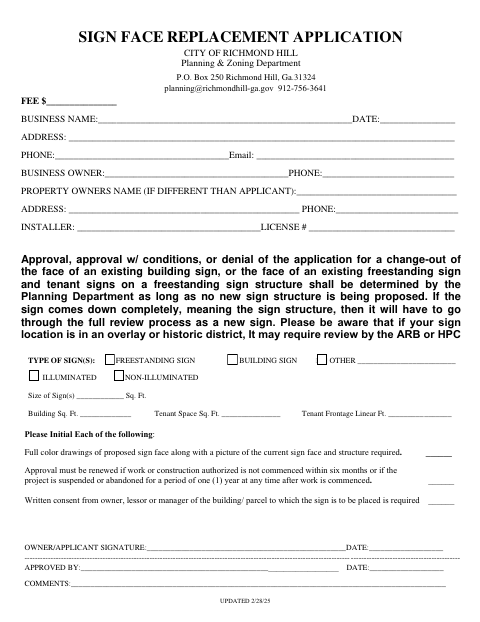 First page of the Sign Face Replacement Application