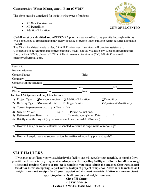 First page of the Construction Waste Management Plan