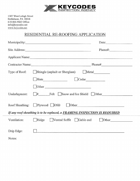 First page of the Residential Re-Roofing Application