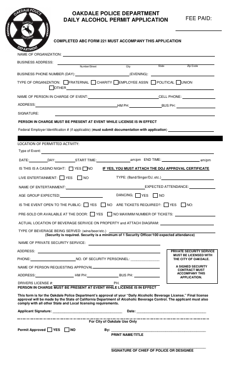 First page of the Daily Alcohol Permit Application