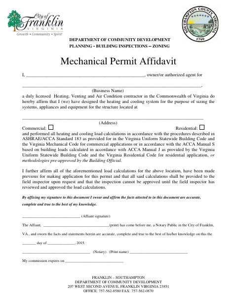 First page of the Mechanical Permit Affidavit
