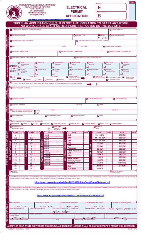 First page of the Electrical Permit Application