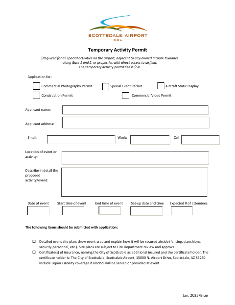 First page of the Temporary Activity Permit
