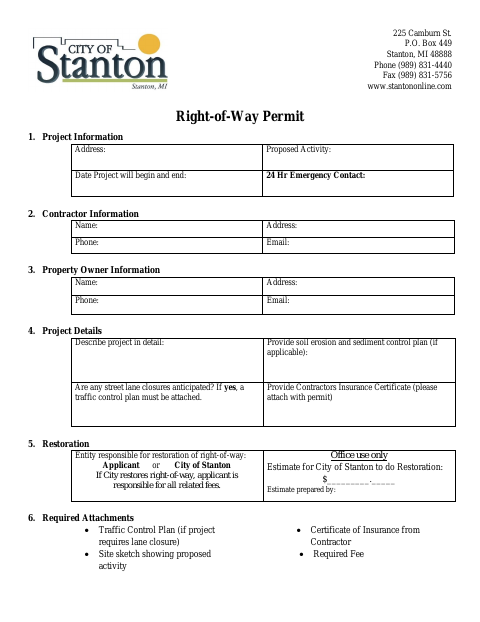 First page of the Right-of-Way Permit