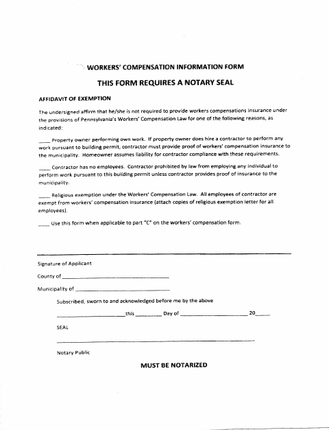 First page of the Workers’ Compensation Information Form – Affidavit of Exemption
