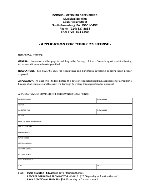 First page of the Application for Peddler’s License