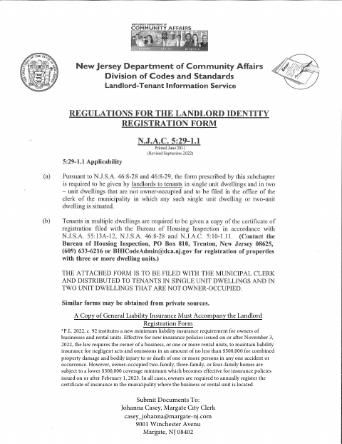First page of the Landlord Tenant Registration Statement