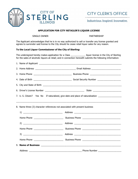 First page of the Retail Liquor License Application