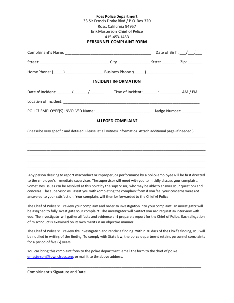 First page of the Personnel Complaint Form
