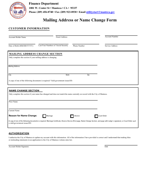 First page of the Mailing Address or Name Change Form