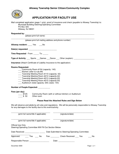 First page of the Application for Facility Use