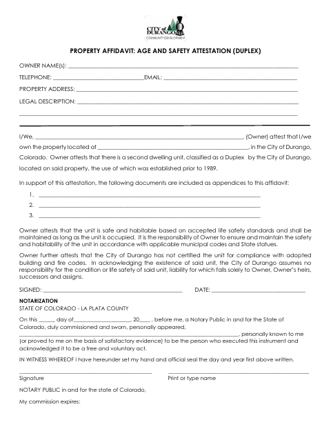 First page of the Property Affidavit: Age and Safety Attestation (Duplex)