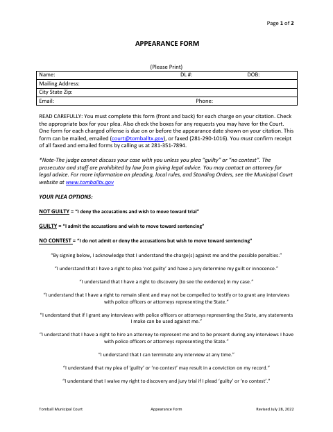 First page of the Municipal Court Appearance Form