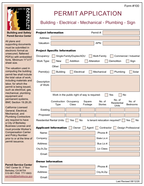 First page of the Building, Electrical, Mechanical, and Plumbing Permit Application