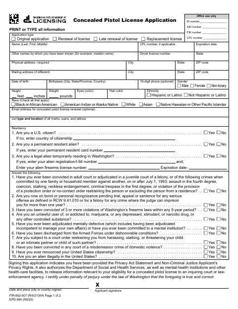 First page of the Concealed Pistol License Application