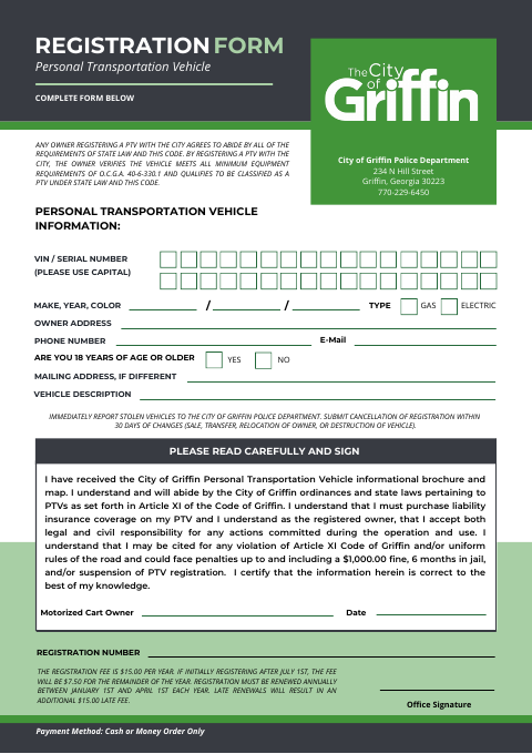 First page of the Personal Transportation Vehicle Registration Form