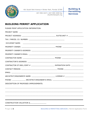 First page of the Building Permit Application