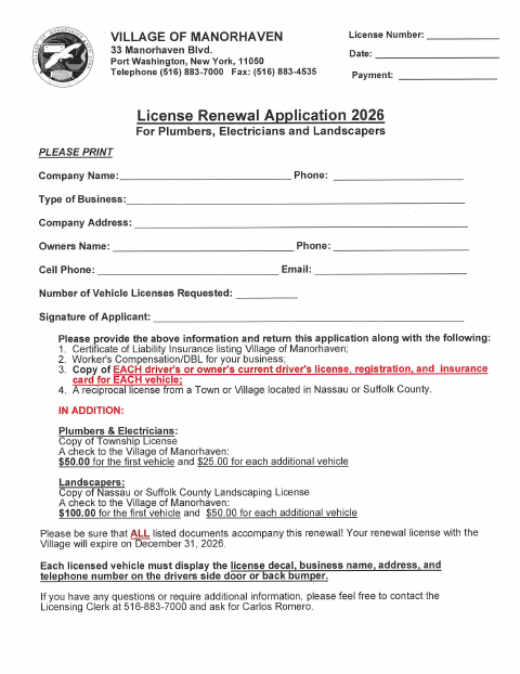 First page of the License Renewal Application for Plumbers, Electricians and Landscapers