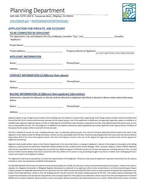 First page of the Application for Private Job Account