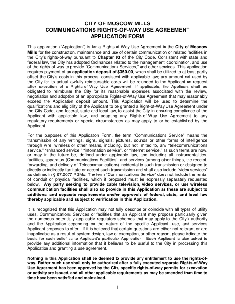 First page of the Communications Rights-of-Way Use Agreement Application
