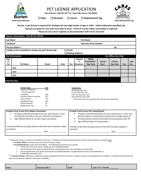 First page of the Pet License Application