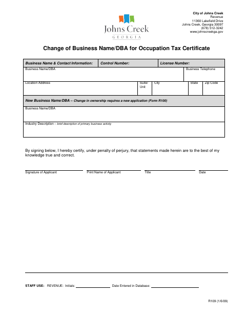 First page of the Change of Business Name/DBA for Occupation Tax Certificate