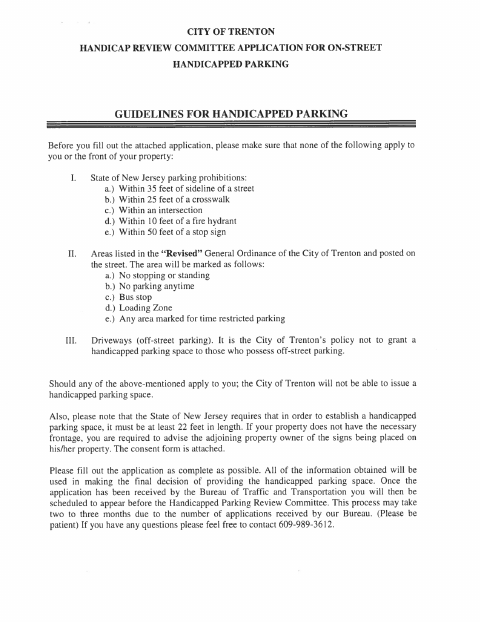 First page of the Application for On-Street Handicapped Parking
