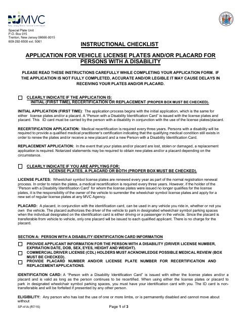 First page of the Application for Vehicle License Plates and/or Placard for Persons with a Disability