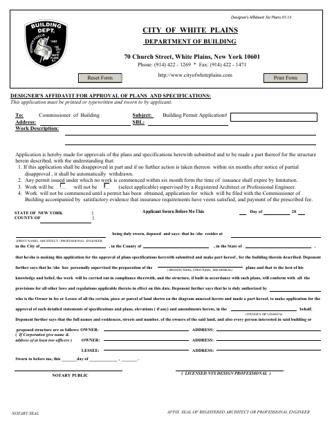 First page of the Designer’s Affidavit for Approval of Plans and Specifications
