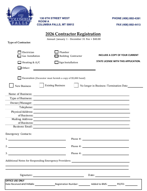 First page of the Contractor Registration Form 2026