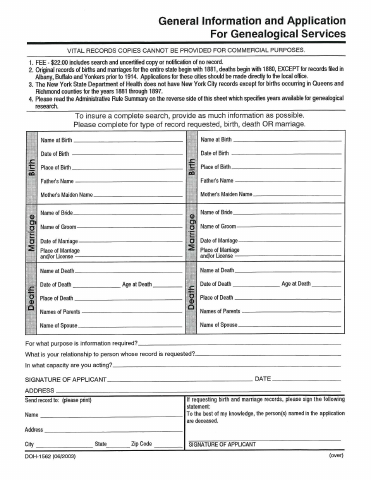 First page of the General Information and Application for Genealogical Services