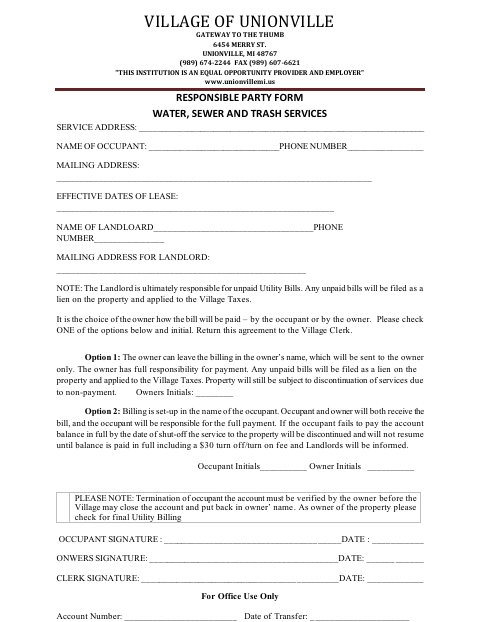 First page of the Responsible Party Form