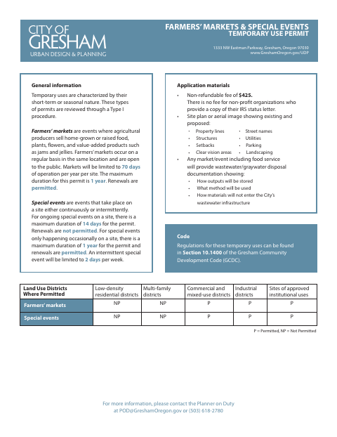 First page of the Farmers’ Markets & Special Events Temporary Use Permit