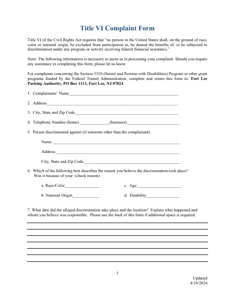 First page of the Title VI Complaint Form