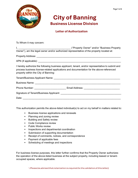 First page of the Business License Letter of Authorization
