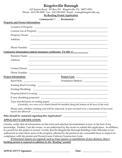 First page of the Re-Roofing Permit Application