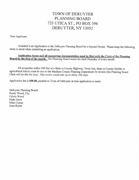 First page of the Application to the Planning Board for a Special Permit