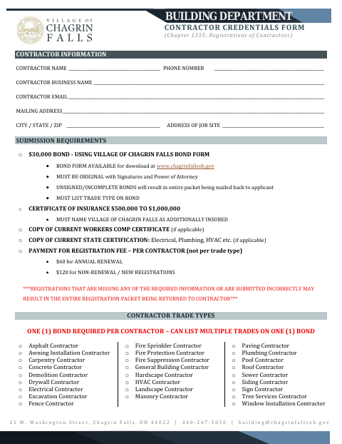 First page of the Contractor Credential Registration and Bond Form