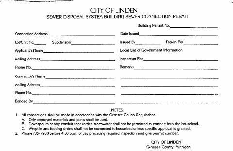 First page of the Sewer Disposal System Building Sewer Connection Permit