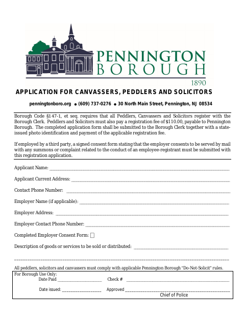 First page of the Application for Canvassers, Peddlers and Solicitors