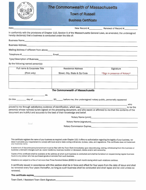 First page of the Doing Business As Certificate