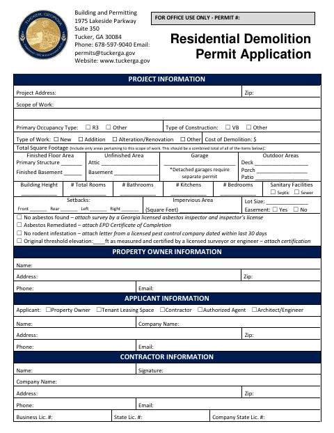 First page of the Residential Demolition Permit Application